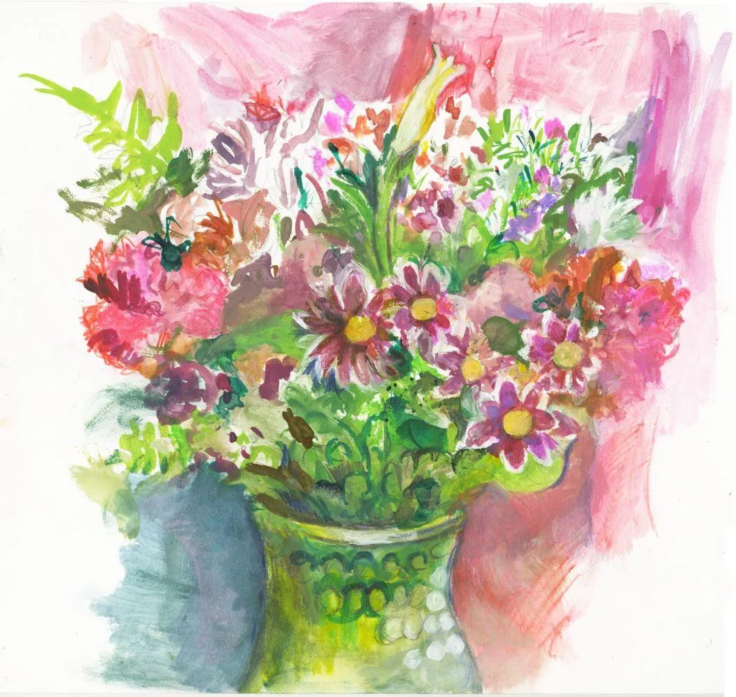 Watercolor painting of vibrant floral bouquet with pink, purple, and white flowers in green vase.