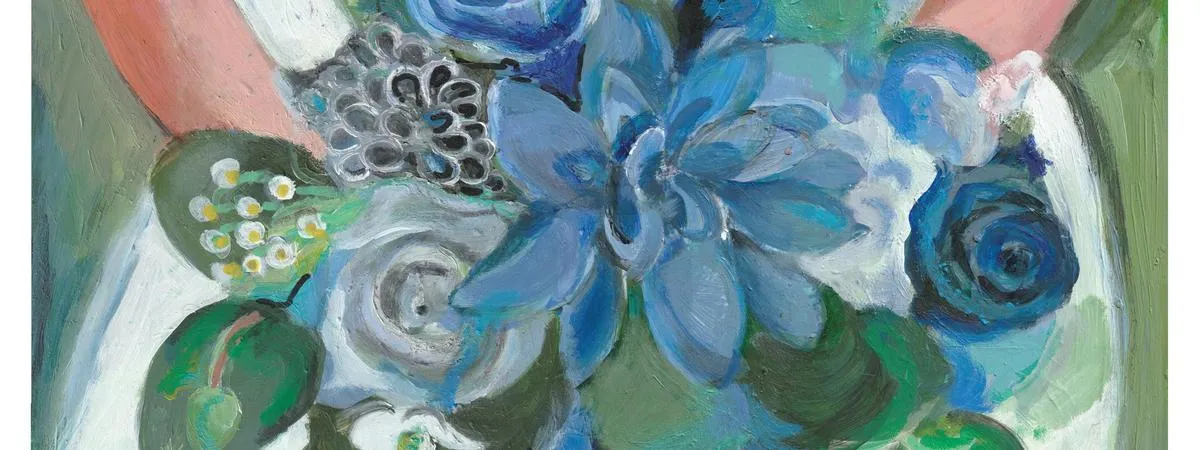 Impressionistic painting of a floral bouquet with blue roses and green foliage.