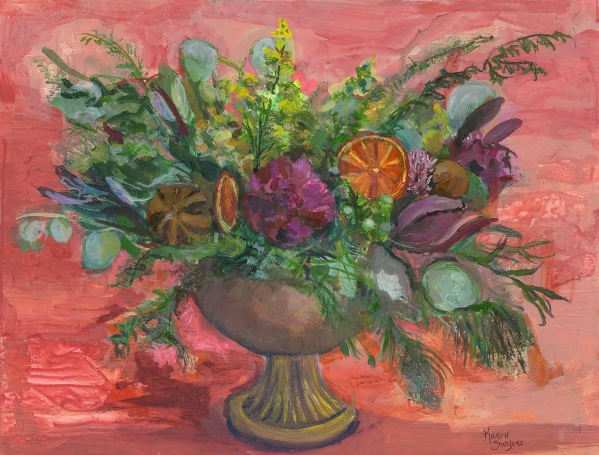 Painting of a floral bouquet in a gold urn with purple flowers and dried orange slices on a coral background.