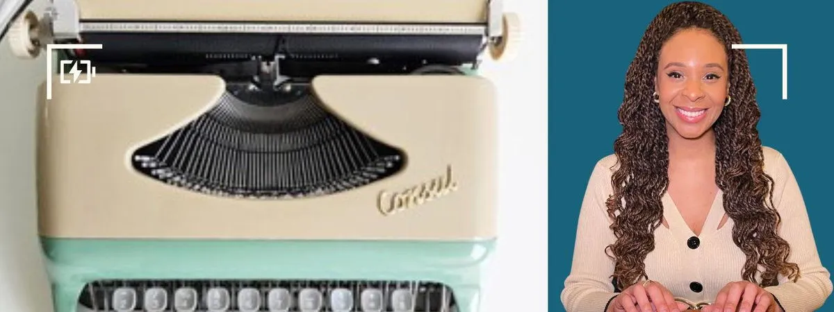 Split image of a vintage Consul typewriter and a smiling woman in a beige cardigan on a dark background.