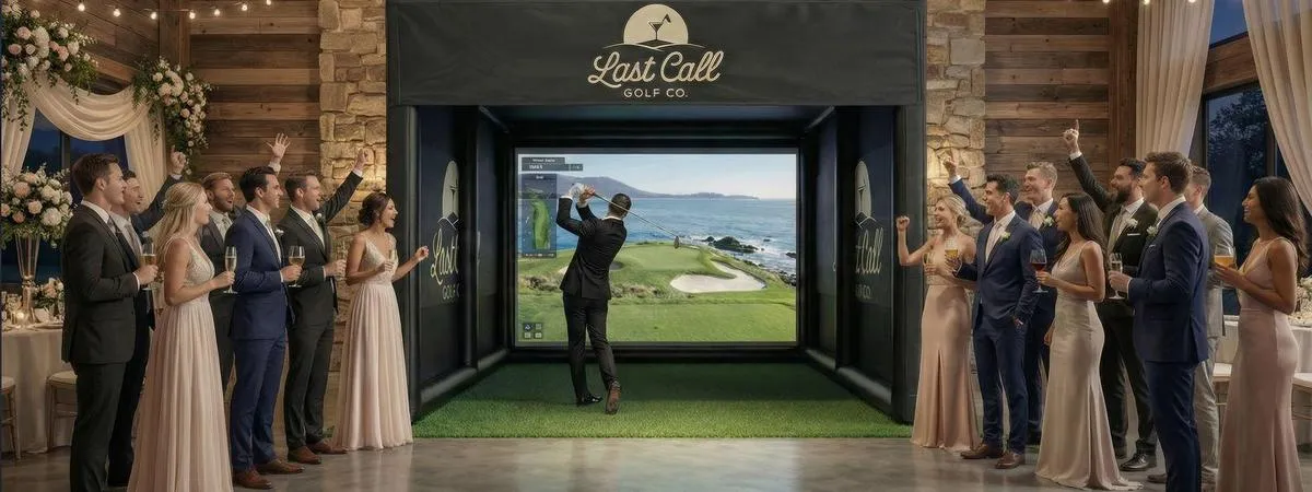 Wedding party cheers as a man in a tuxedo swings a golf club at an indoor golf simulator.